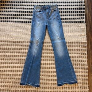 Ladies Distressed Mid-Rise Blue Flare Jeans